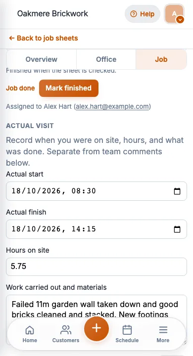 JobSheet mobile work carried out notes after a garden wall rebuild