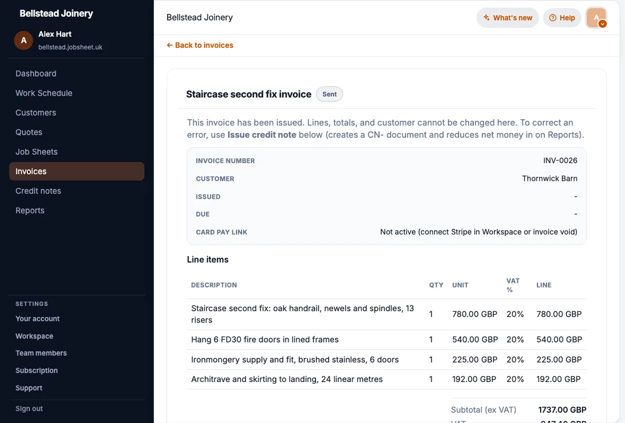 JobSheet sent invoice linked to a completed joinery job