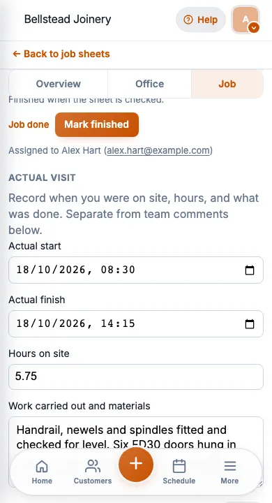 JobSheet mobile work carried out notes after a staircase second fix