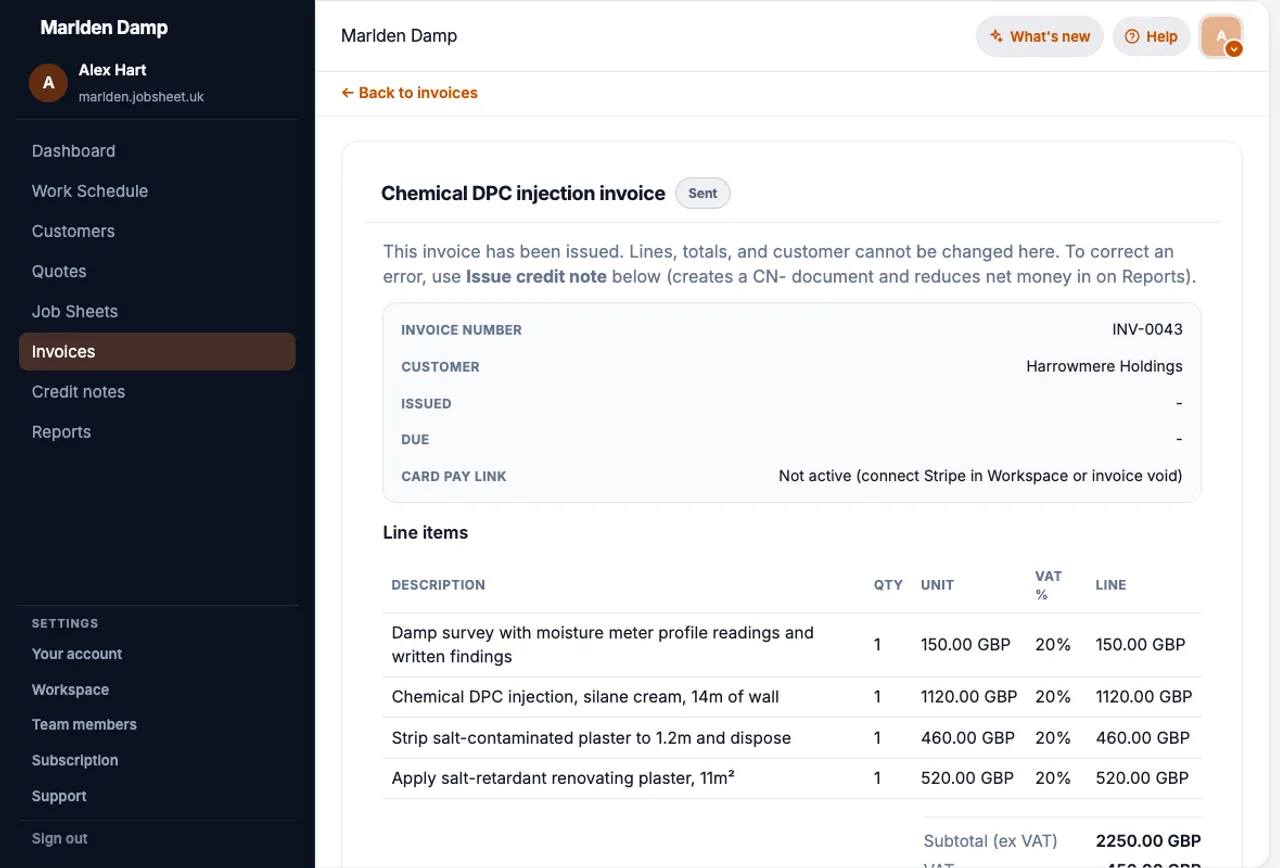 JobSheet sent invoice linked to a completed chemical DPC injection