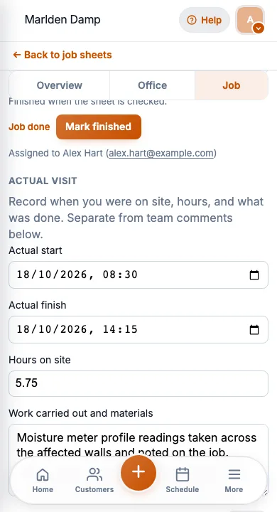 JobSheet mobile work carried out notes after a chemical DPC injection