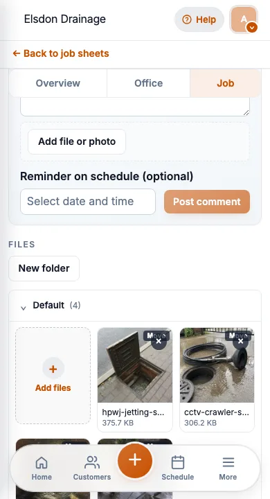 JobSheet mobile job photos and notes for a blocked foul drain jetting job