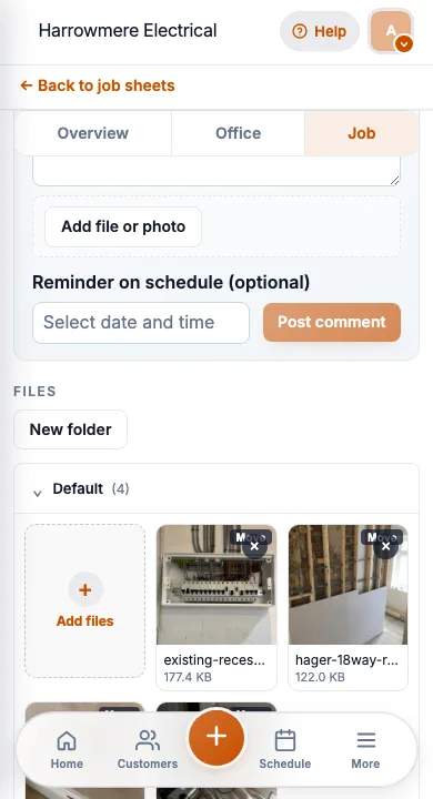 JobSheet mobile job files with board and bonding photos for electricians