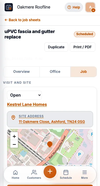 JobSheet job sheet on a phone for fascia soffit guttering on site