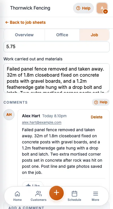 JobSheet mobile job notes and notes for a closeboard fence run