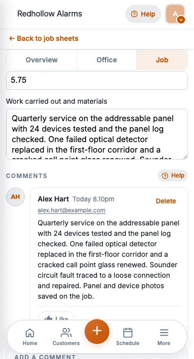 JobSheet mobile job notes and notes for a fire panel service