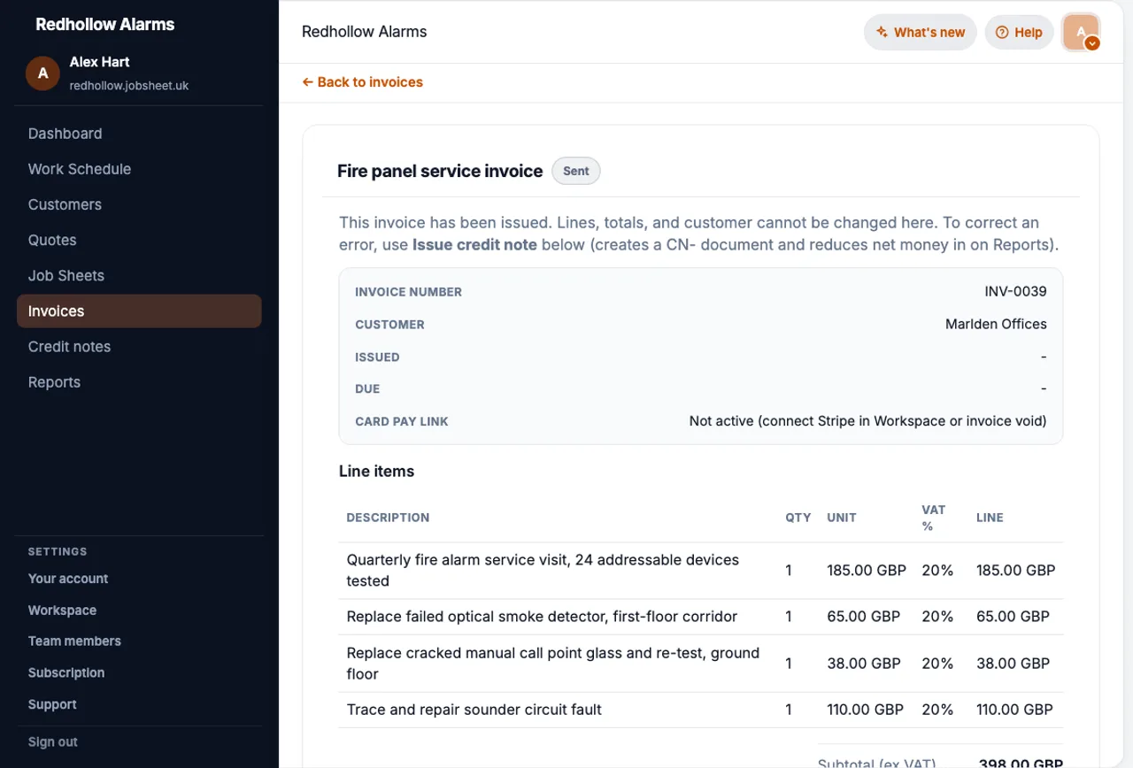 JobSheet sent invoice linked to a completed fire panel service