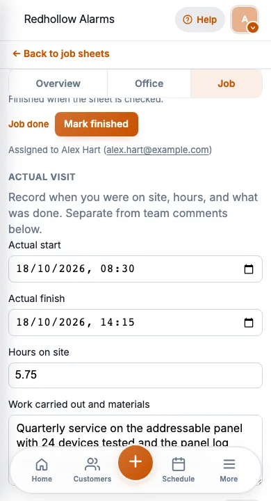 JobSheet mobile work carried out notes after a fire panel service