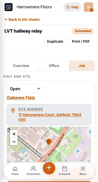 JobSheet job sheet on a phone for flooring specialists on site