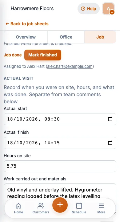 JobSheet mobile work carried out notes after an LVT relay