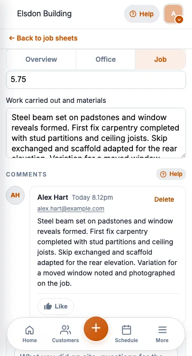 JobSheet mobile job notes and notes for an extension first fix