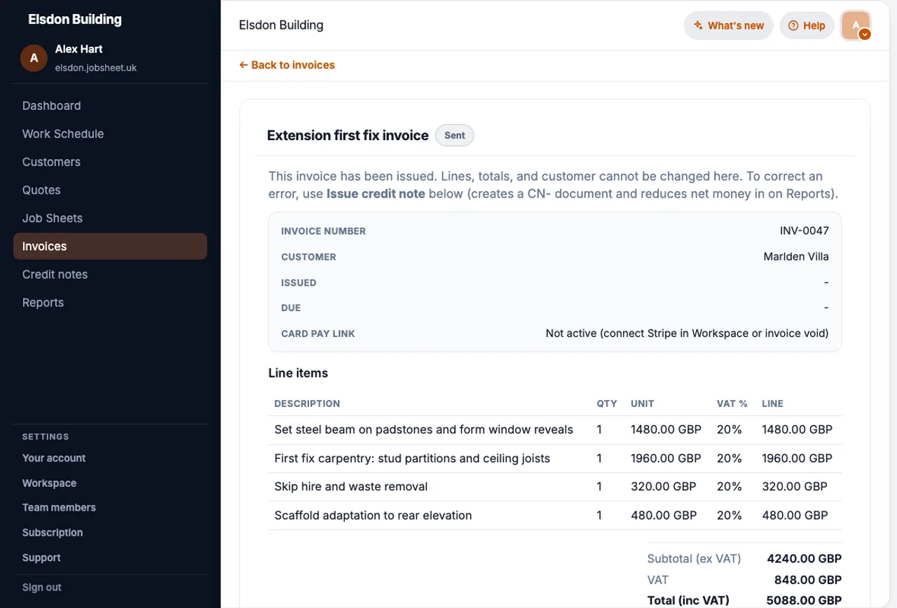 JobSheet sent invoice linked to a completed extension first fix stage