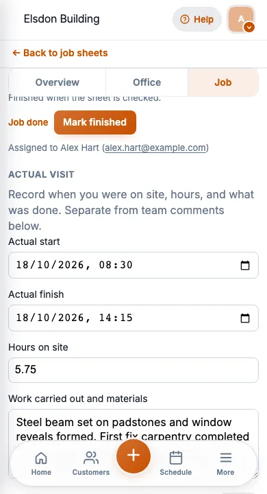 JobSheet mobile work carried out notes after an extension first fix