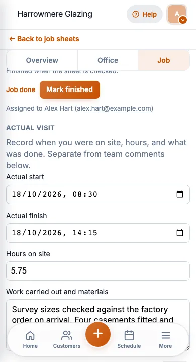JobSheet mobile work carried out notes after a casement replacement