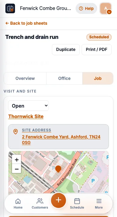 JobSheet job sheet on a phone for groundworkers on site