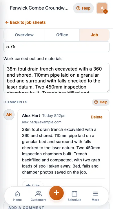 JobSheet mobile job notes and notes for a trench and drain run