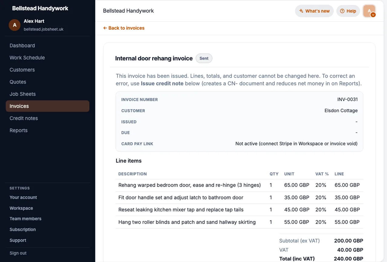 JobSheet sent invoice linked to a completed handyman job