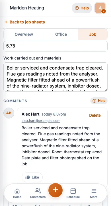 JobSheet mobile job notes and notes for a boiler service visit