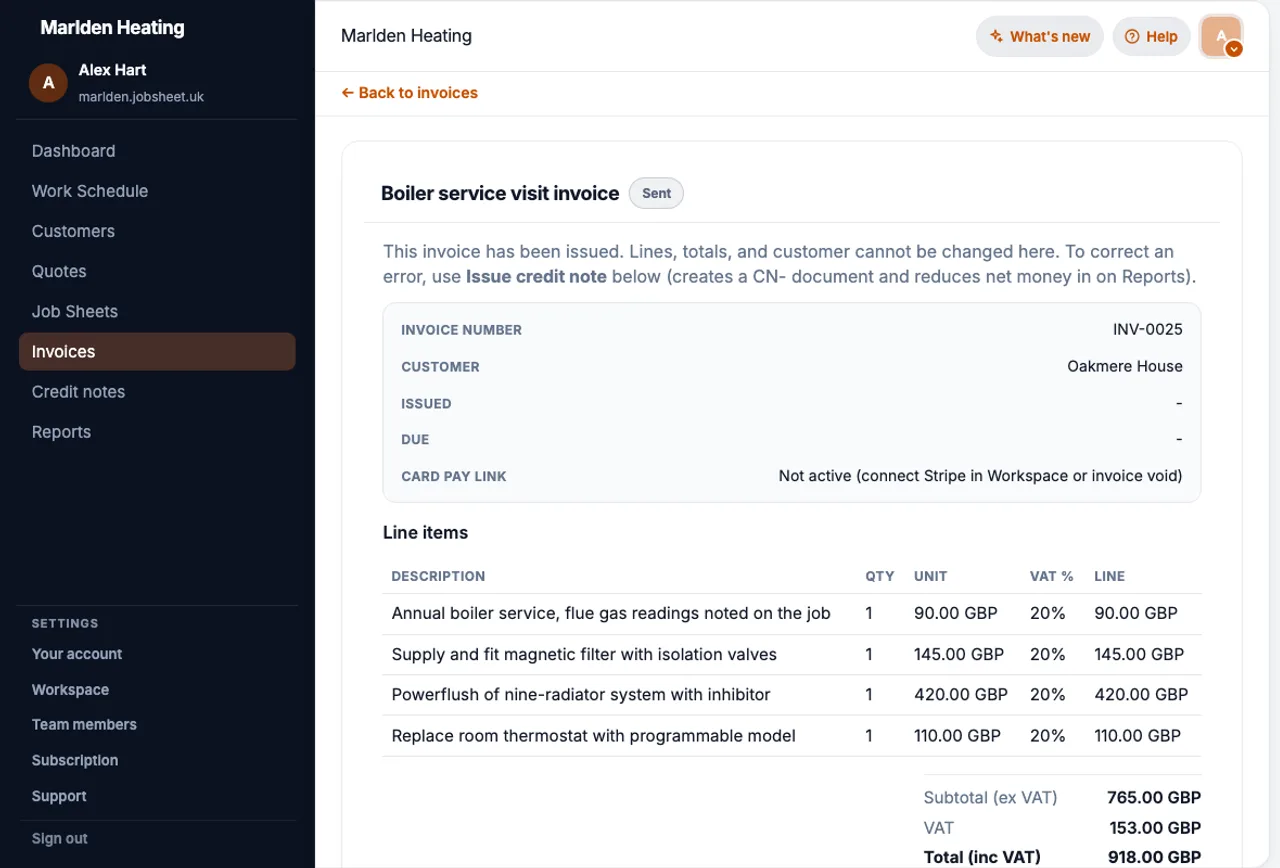 JobSheet sent invoice linked to a completed boiler service job