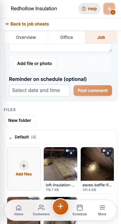 JobSheet mobile job photos and notes for a loft insulation top-up