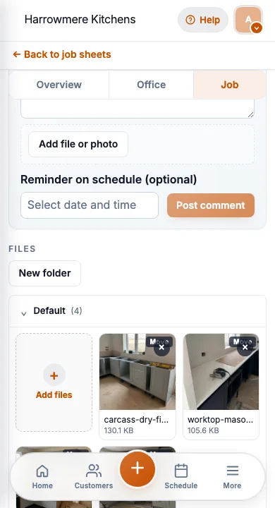 JobSheet mobile job photos and notes for a kitchen first fix
