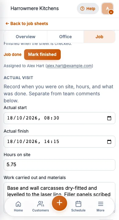 JobSheet mobile work carried out notes after a kitchen first fix