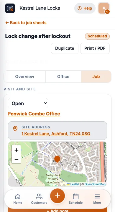 JobSheet job sheet on a phone for locksmiths on site