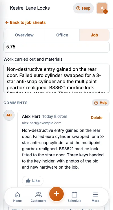 JobSheet mobile job notes and notes for a lock change after a lockout