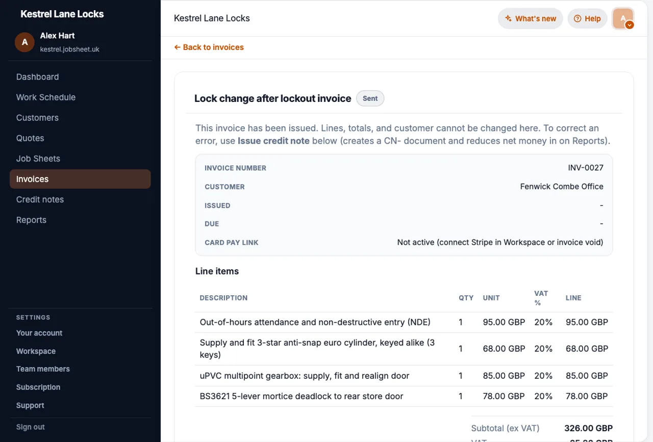 JobSheet sent invoice linked to a completed locksmith call-out