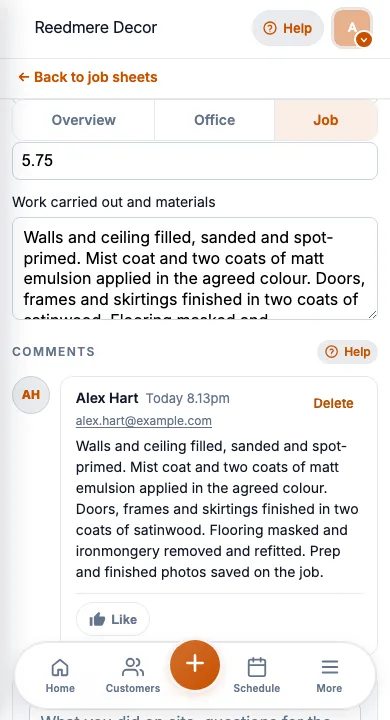 JobSheet mobile job notes and notes for a reception repaint