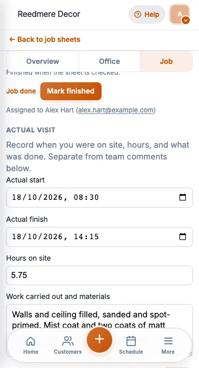 JobSheet mobile work carried out notes after a reception repaint