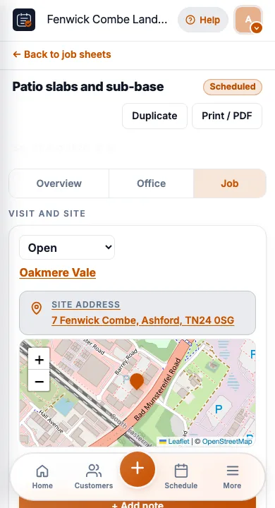 JobSheet job sheet on a phone for paving landscaping on site