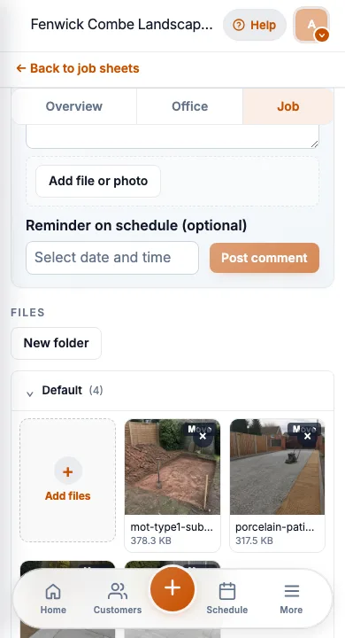 JobSheet mobile job photos and notes for a patio and sub-base job