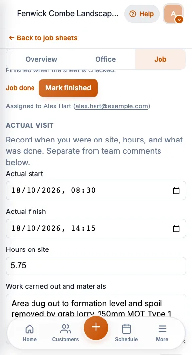 JobSheet mobile work carried out notes after a patio and sub-base job