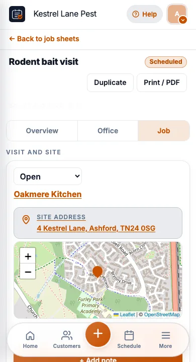 JobSheet job sheet on a phone for pest control on site