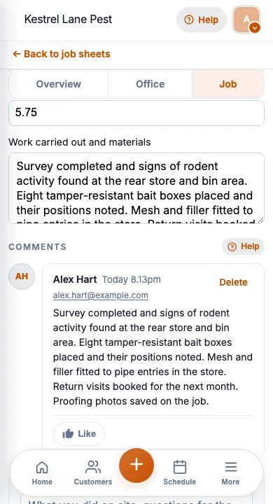 JobSheet mobile job notes and notes for a rodent bait visit