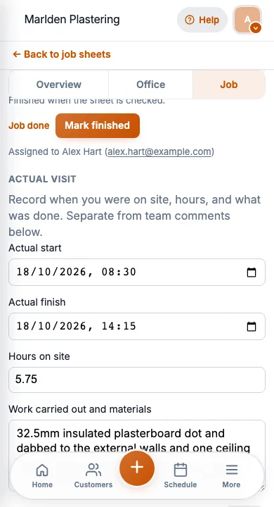 JobSheet mobile work carried out notes after a dot and dab first fix