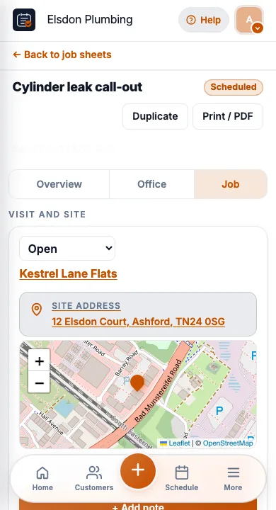 JobSheet job sheet on a phone for plumbers on site