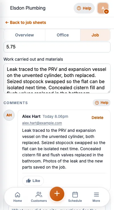 JobSheet mobile job notes and notes for a cylinder leak call-out