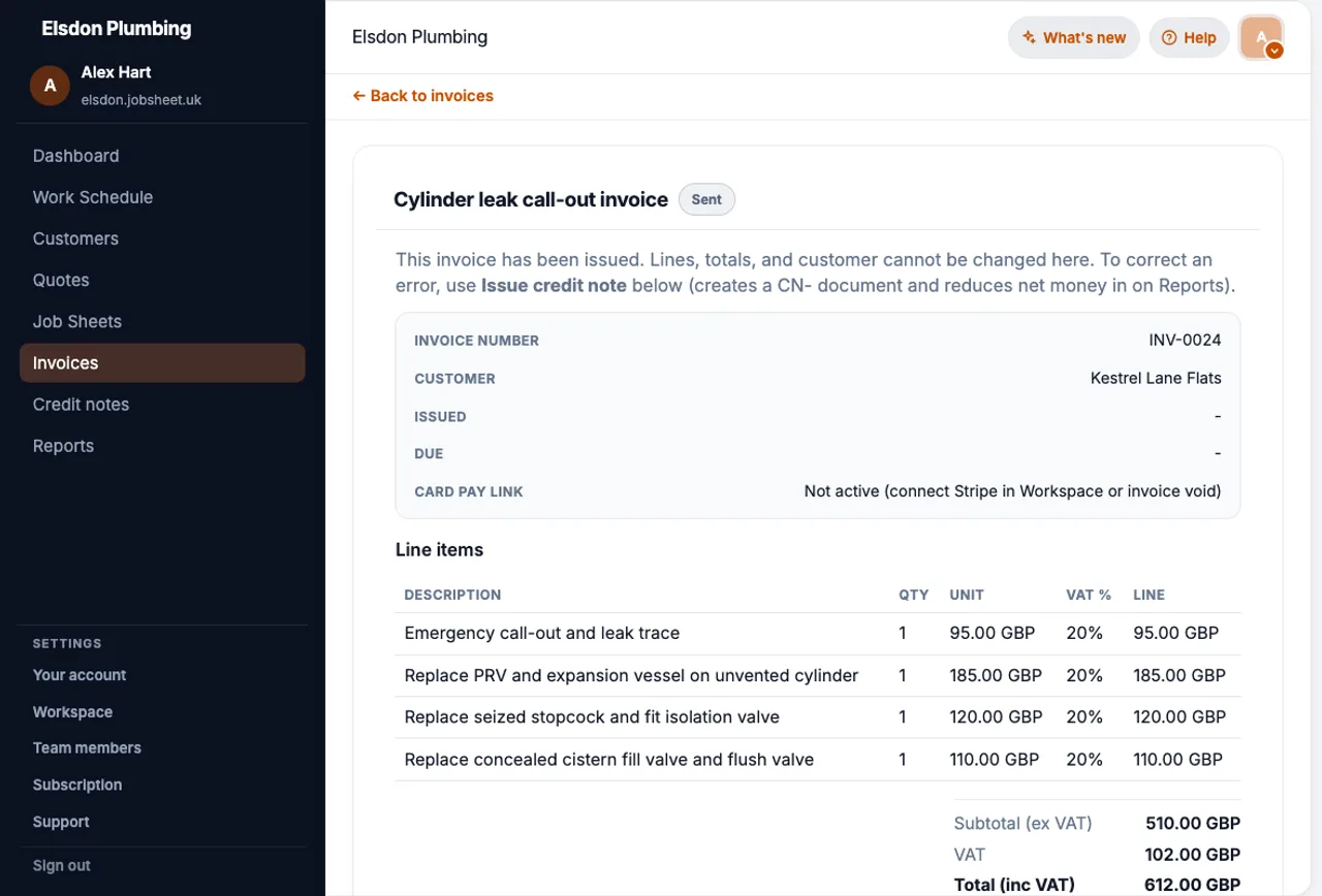 JobSheet sent invoice linked to a completed plumbing call-out
