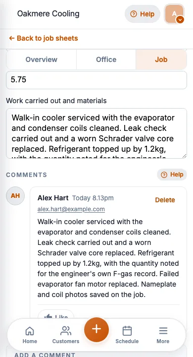 JobSheet mobile job notes and notes for a walk-in cooler service