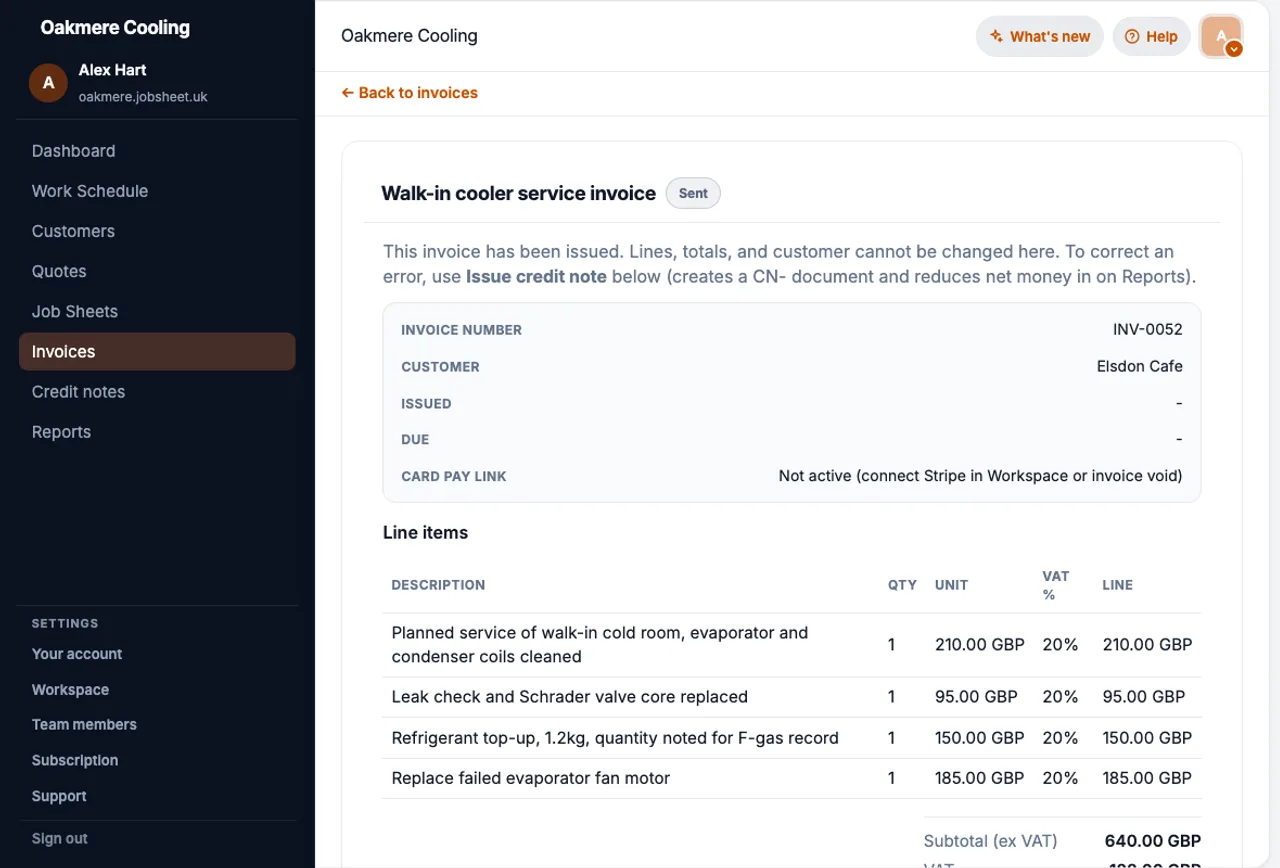 JobSheet sent invoice linked to a completed walk-in cooler service