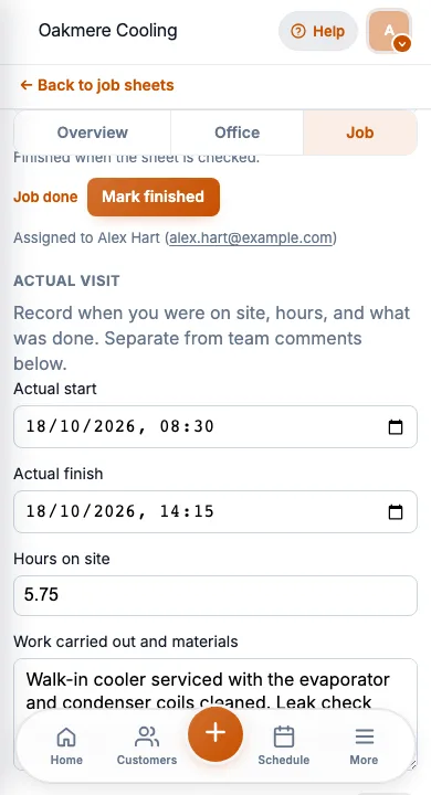 JobSheet mobile work carried out notes after a walk-in cooler service