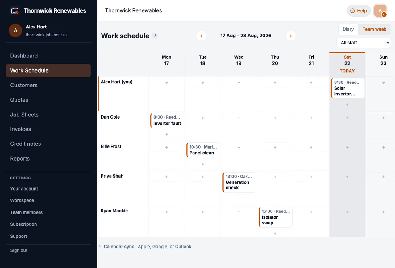 JobSheet week schedule for renewables installers on a computer