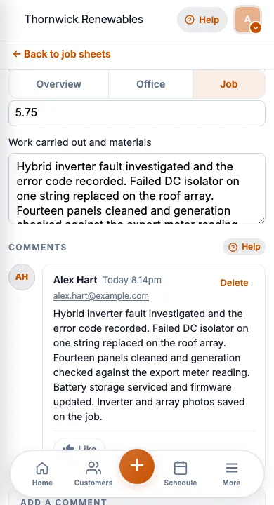 JobSheet mobile job notes and notes for a solar inverter check