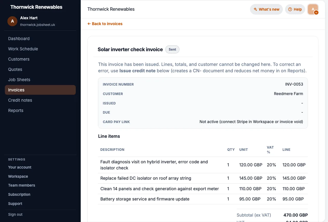 JobSheet sent invoice linked to a completed solar inverter check