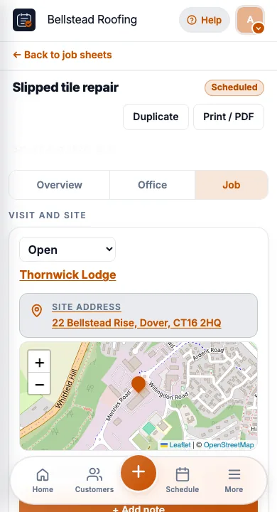 JobSheet job sheet on a phone for roofers on site