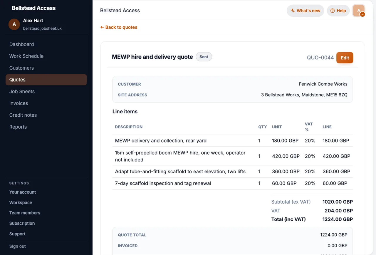 JobSheet quote with MEWP delivery, hire, scaffold adaptation and inspection line items