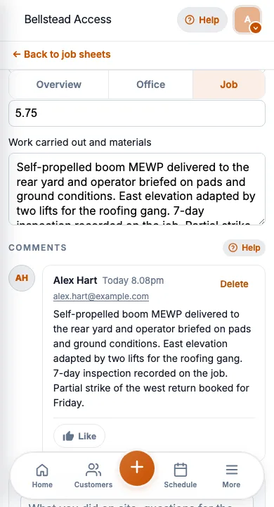 JobSheet mobile job notes and notes for a MEWP delivery and scaffold adaptation