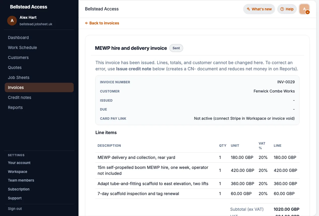 JobSheet sent invoice linked to a completed MEWP hire and scaffold job